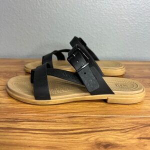 Crocs Tulum Strappy Sandals Womens Sz 6 Black Toe Post Thong Buckle Casual Flat